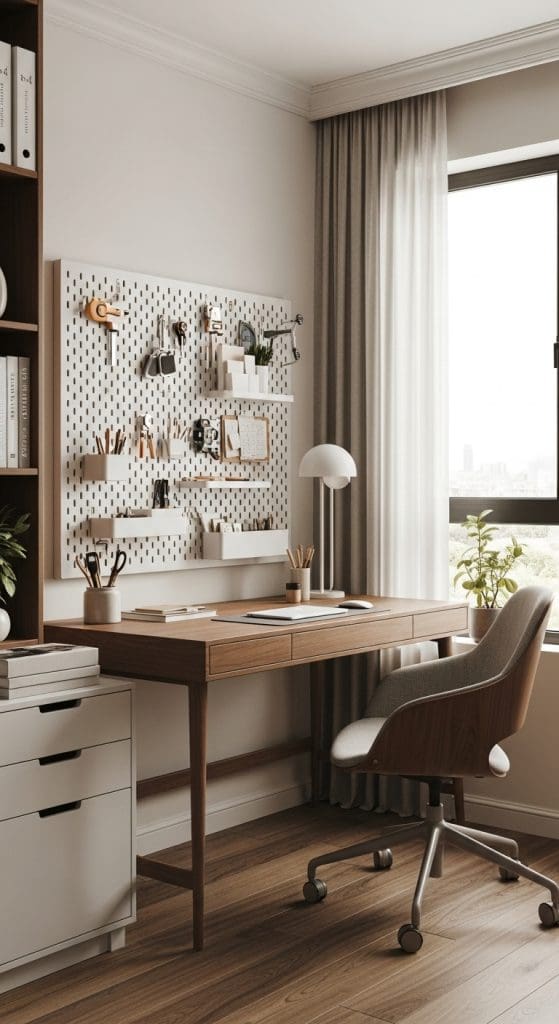white peg board hung above a brown office desk