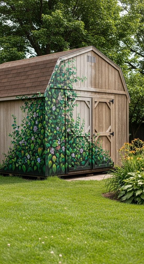 trellis inspired artwork of ovy and purple flowers on wooden shed outdoor shed mural