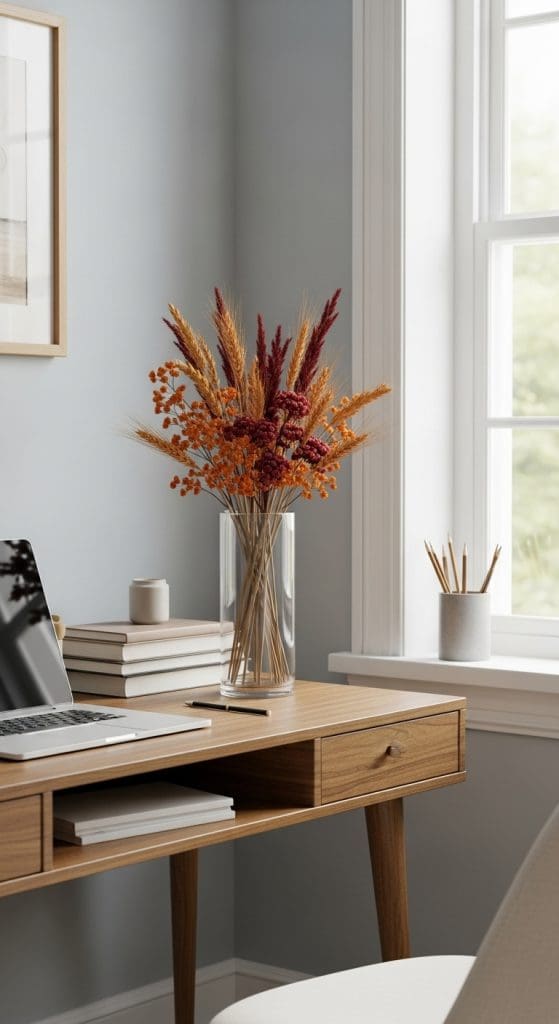 glass vase with autumnal dried flowers inside