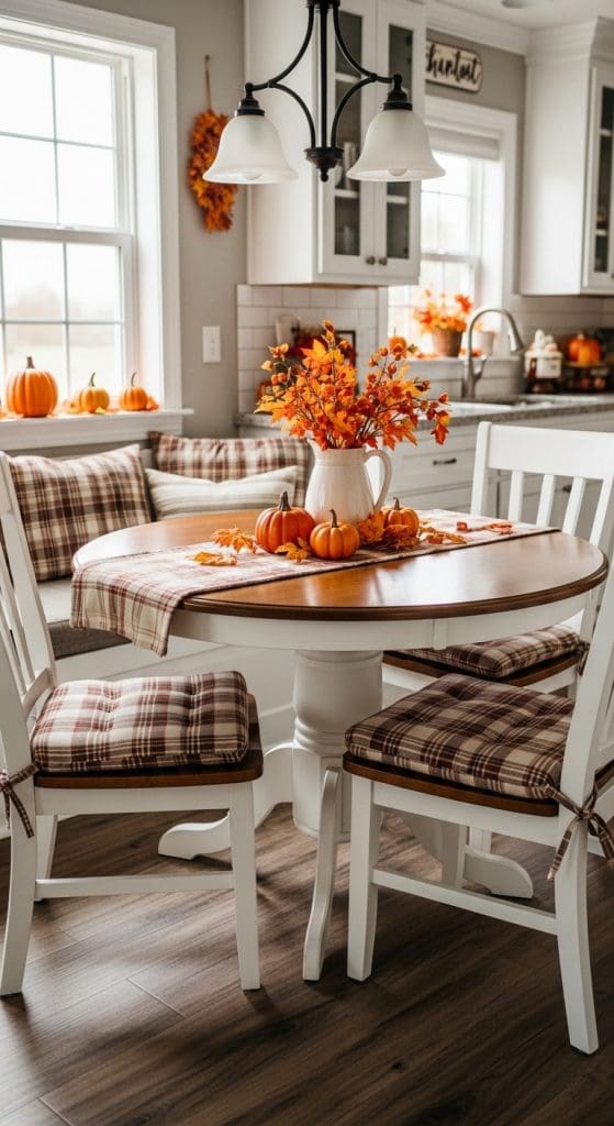 fall kitchen with plaid cushions in brown and white
