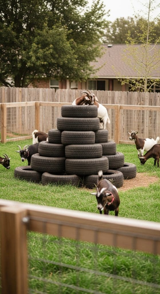 car tyres stacked for goats to play on