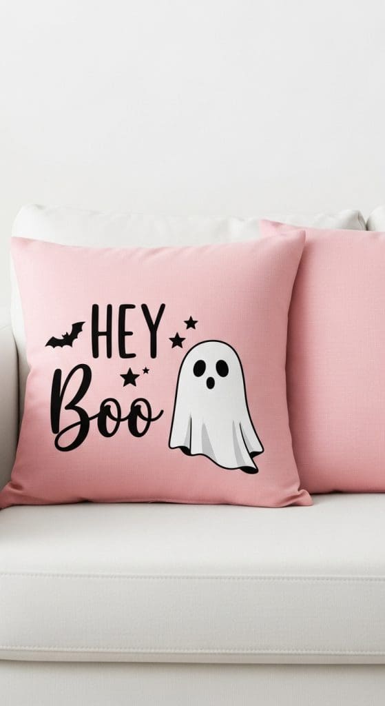 Pink pillows with ghosts on