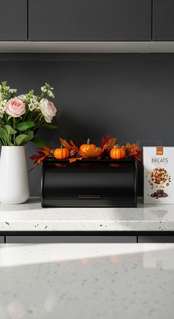 black bread bin with fall decor on top