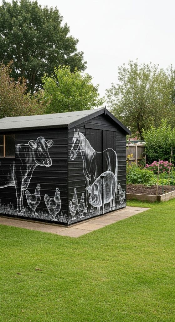 Black shed with white chalkboard inspired sketches of farm yard animals
