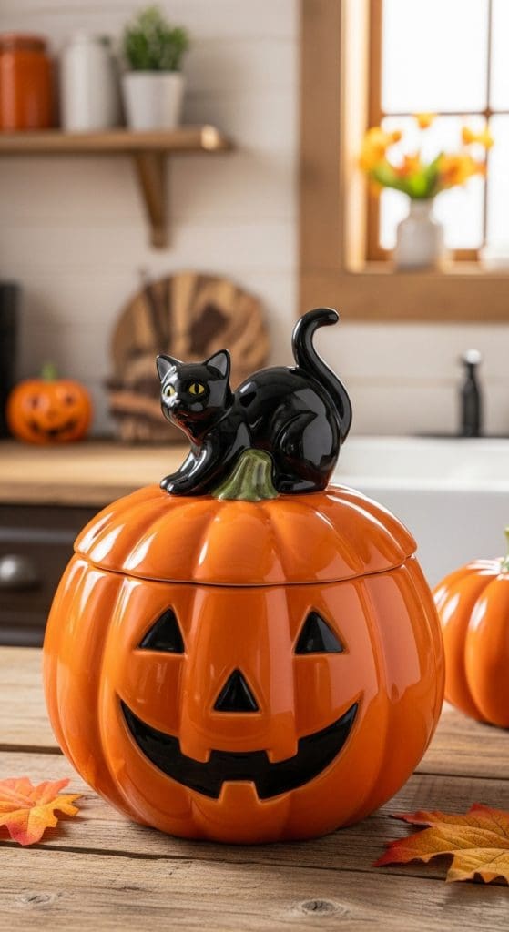 A ceramic pumpkin jaco o lantern with black cat on top to hold cookies