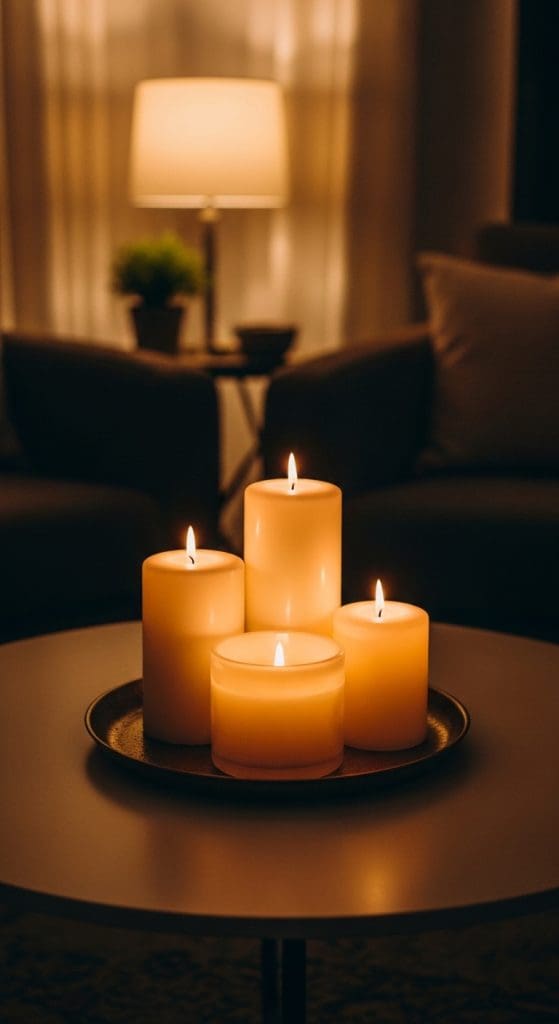lit candles on round coffee table