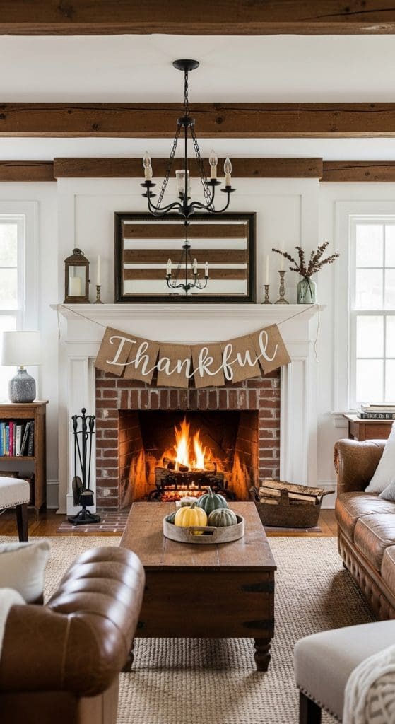 burlap banner that says thankful across a farmhouse mantle