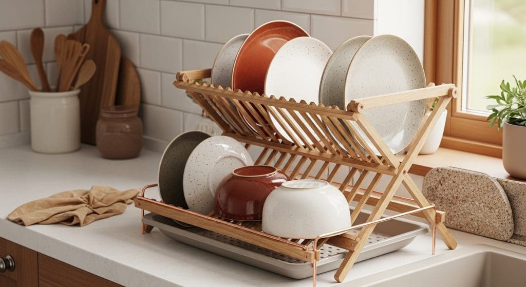 wooden drying rack with rustic style plates