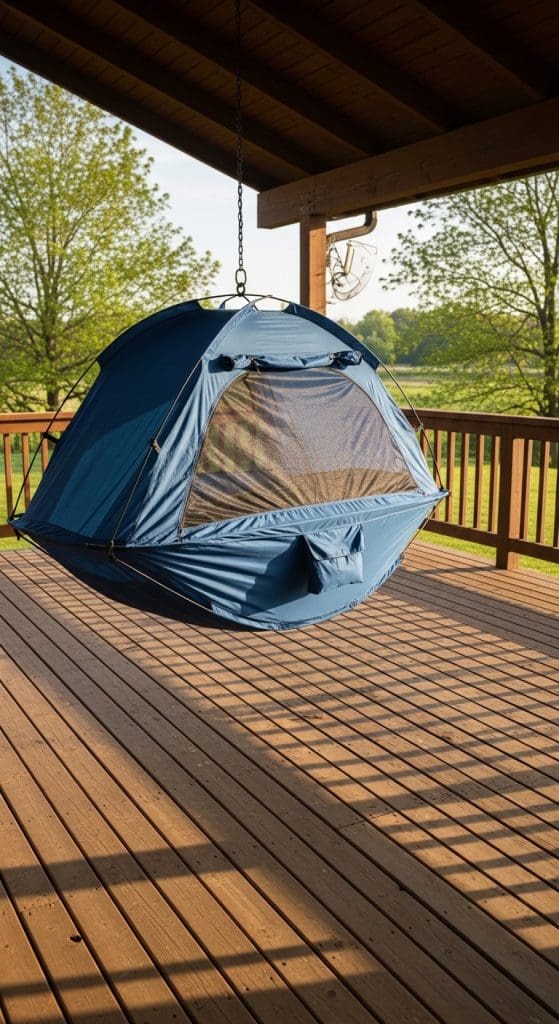 camping hammock hanging from pergola