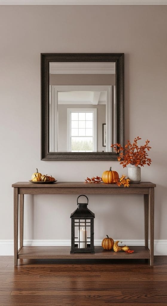 black lantern on bottom shelf of console table for fall