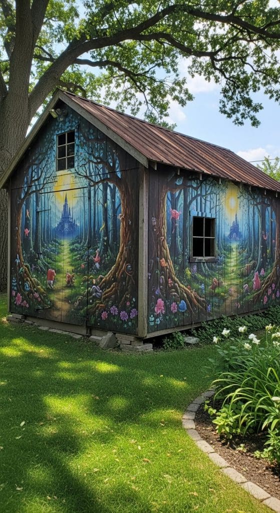 fairy tale inspired outdoor shed mural