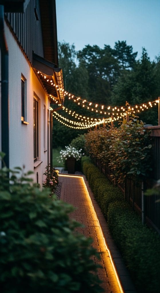 string lights between fence and wall on side pathway