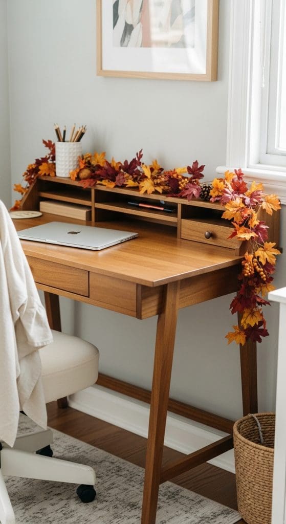 autumn garland on the back of a tiered desk Fall Desk Decor