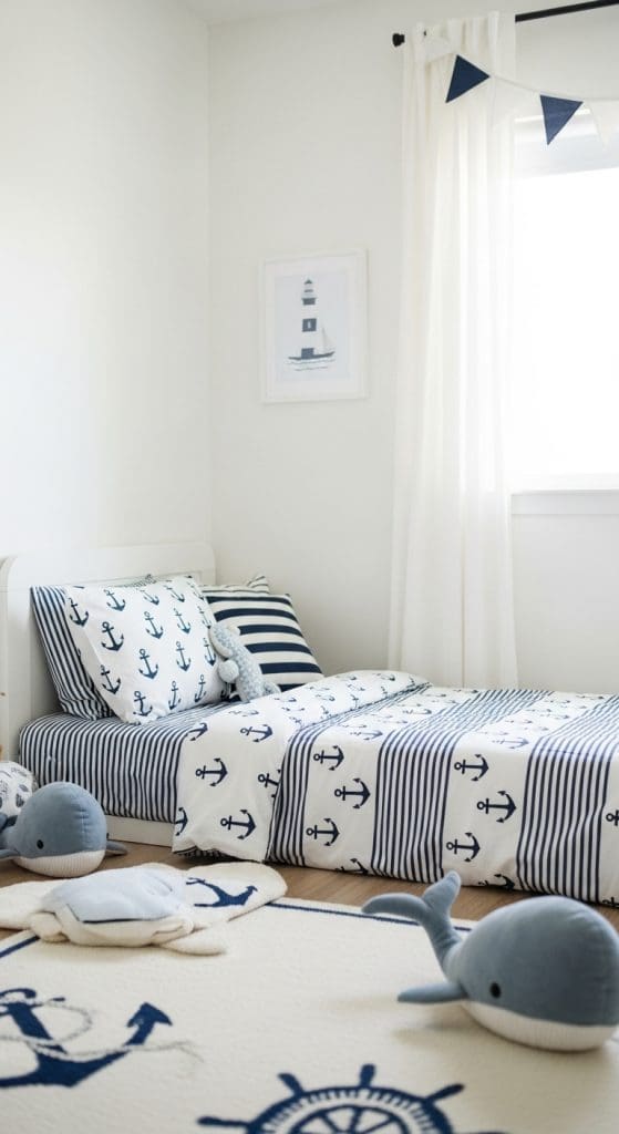 low profile nautical themed bed in toddler bedroom