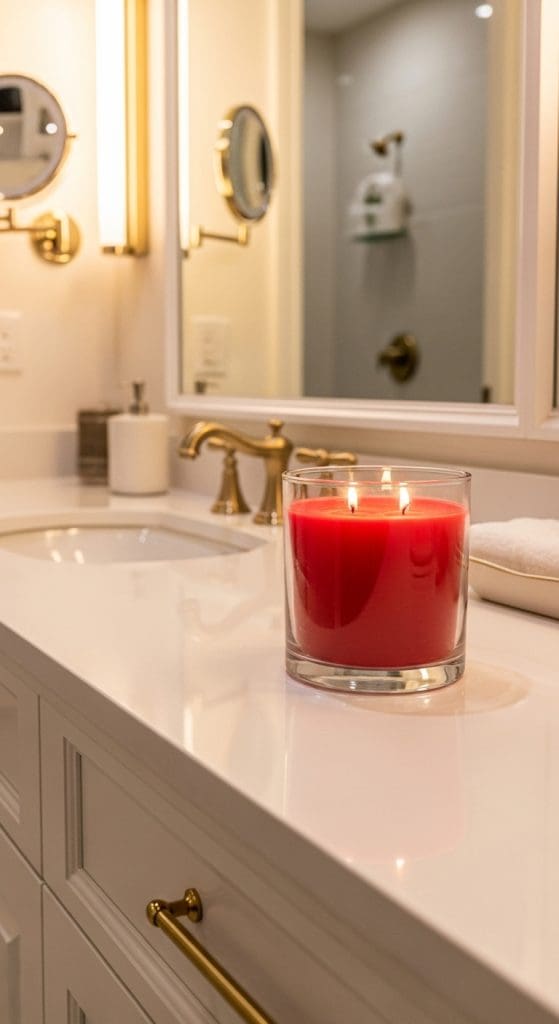 scented red candle in bathroom Fall Bathroom Decor