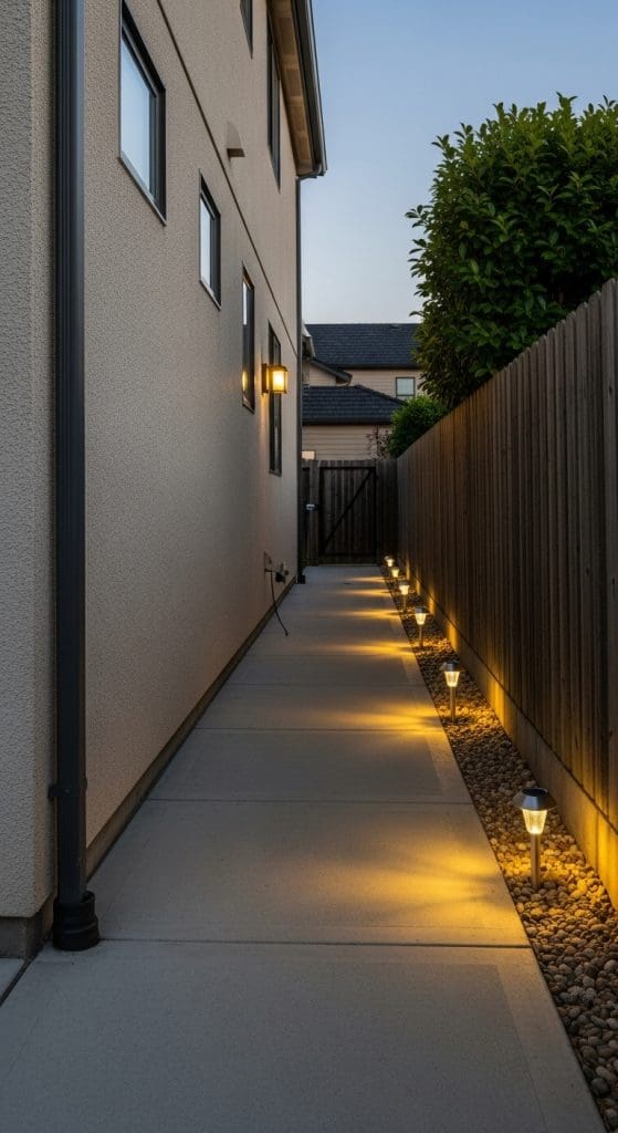 solar lights lining a side pathway