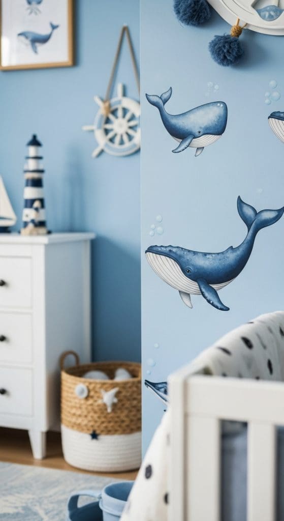 whale wall decals on a nautical toddler bedroom