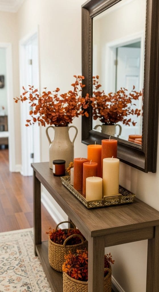 orange tiered candles on gold tray on wooden console table Fall Entry Table Decor