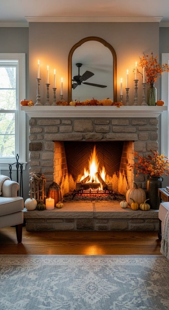 tall white candlesticks in distressed white candle holders on mantle