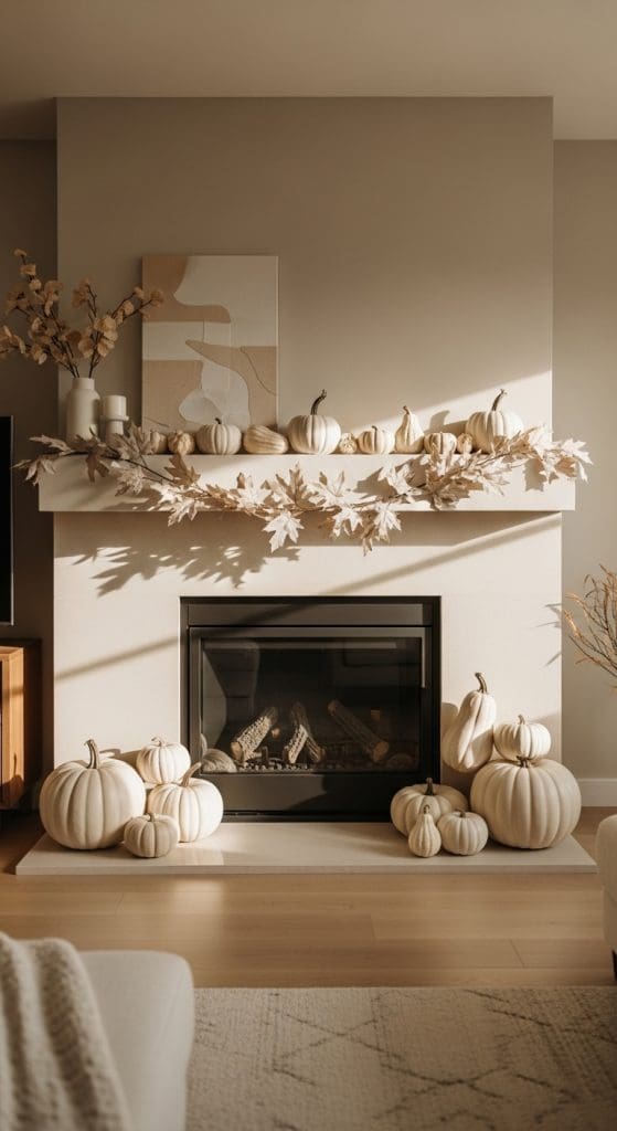 minimal monochrome fireplace fall decor