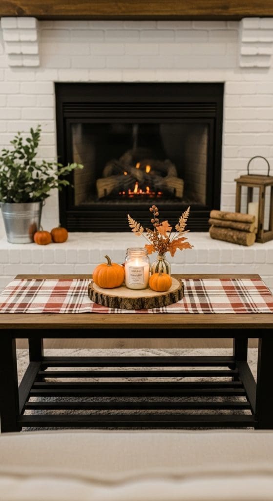 small table with plaid runner and autumn decor Fall Decor in Front of Fireplace