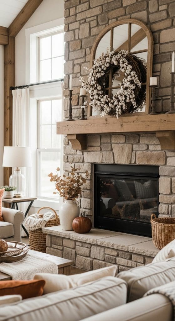 grapevine and cottonball wreath above mantle in farmhouse home