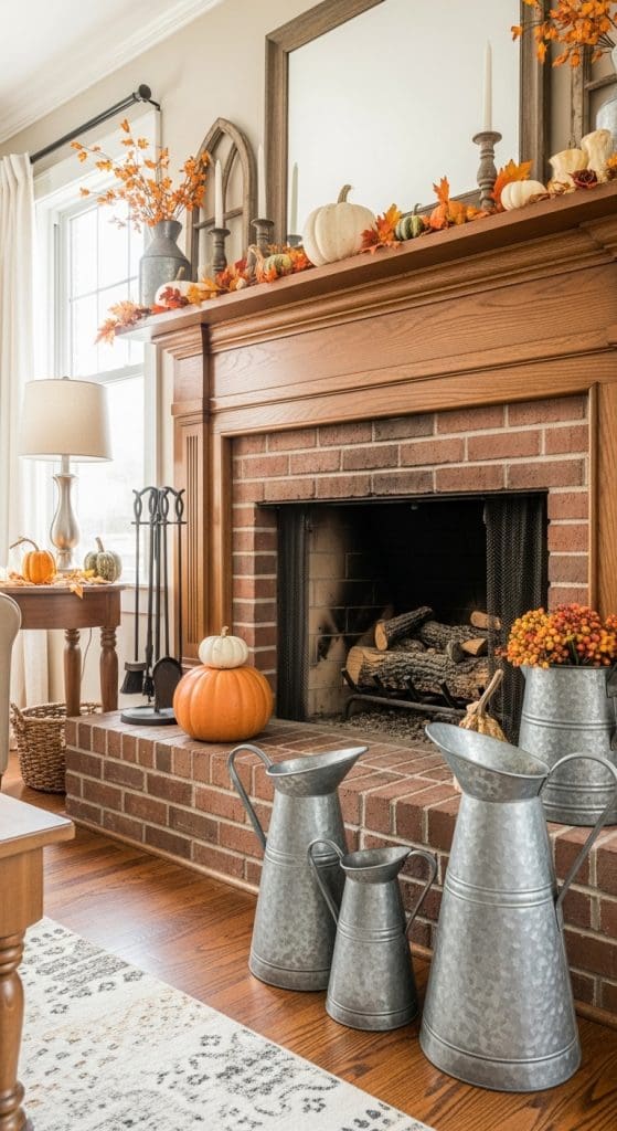 galvanized jugs on fireplace next to faux pumpkins
