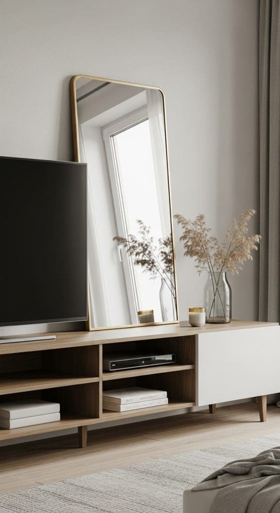 TV Console Styling with leaning large mirror