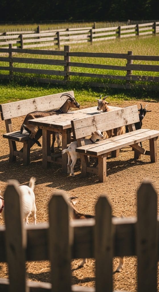 wooden benches in the middle of a playpen