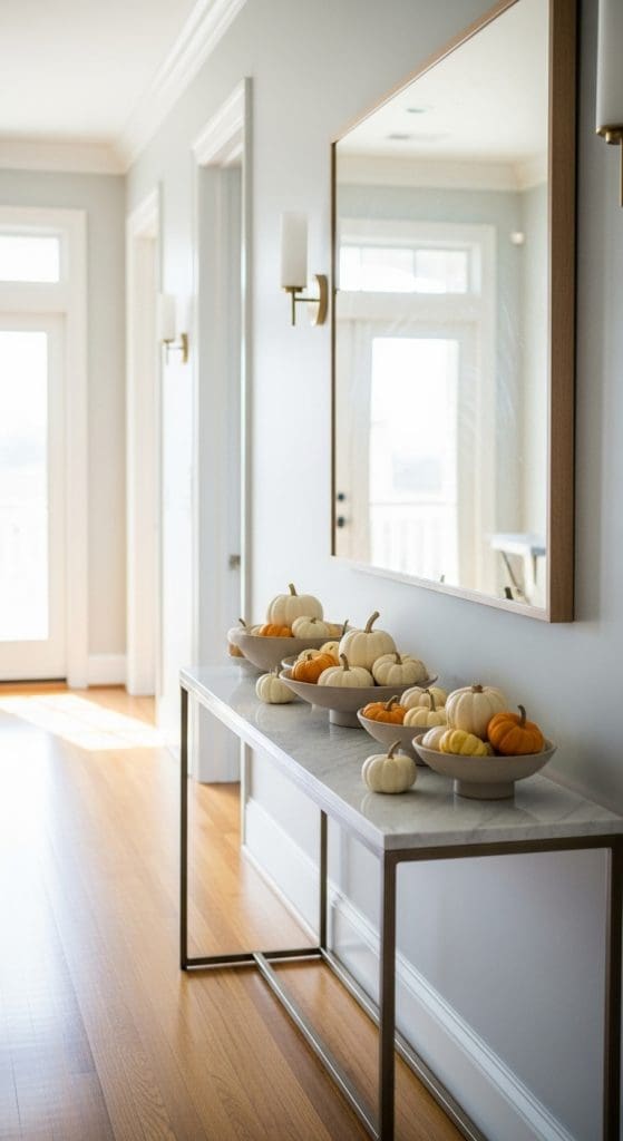 small bowls filled with mini pumpkins on console table Fall Entry Table Decor