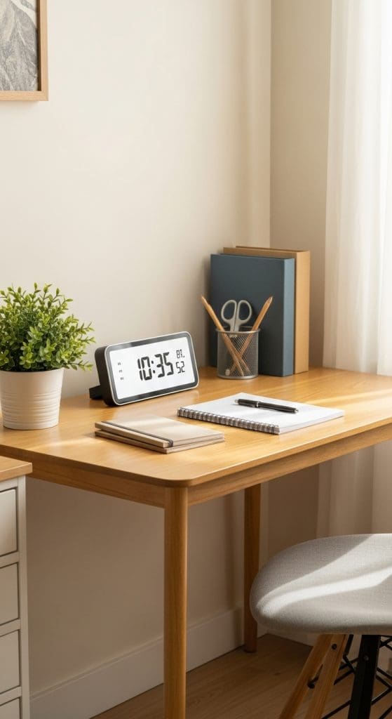 small digital clock on a wooden desk