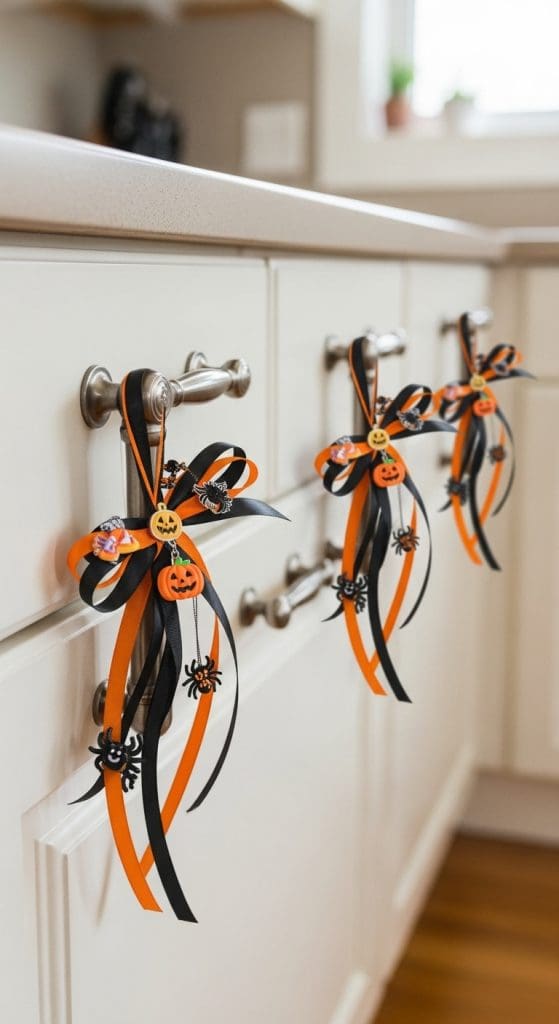 black and orange ribbons tied to kitchen drawer handles