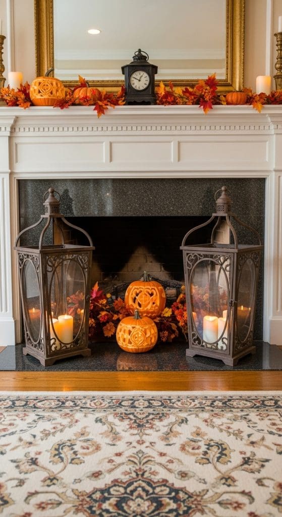 symmetry with matching lanterns on a fall fireplace