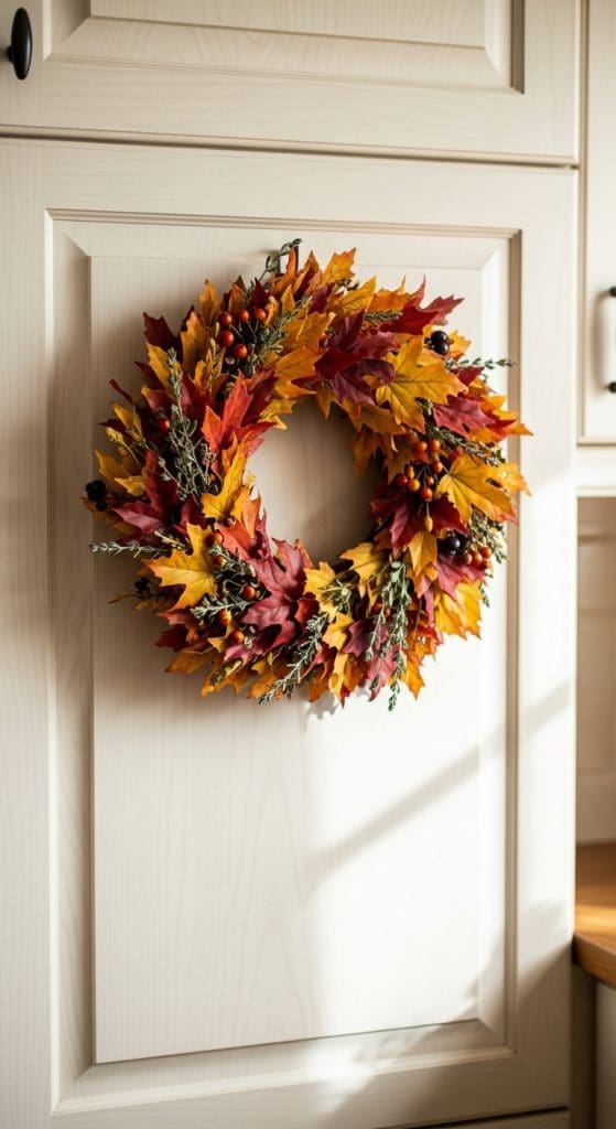 fall leaf wreath on pantry door