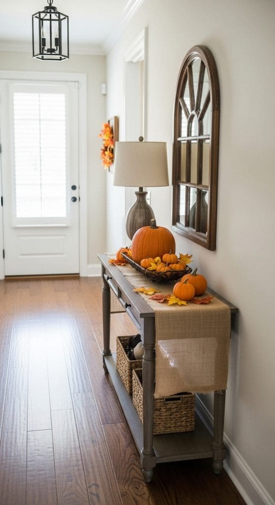 burlap cloth runner on console table with orange pumpkins Fall Entry Table Decor