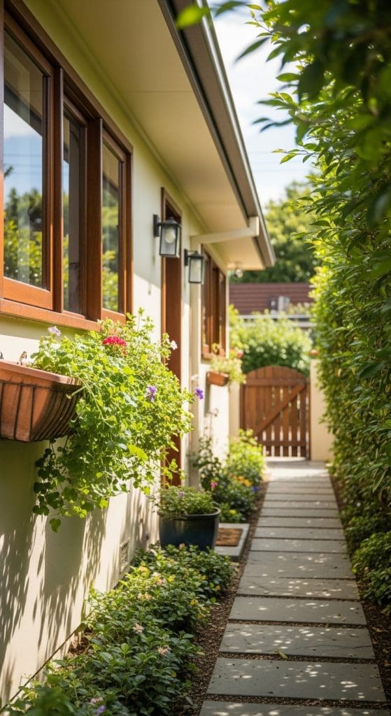 vertical planters on a wall on a side path of home