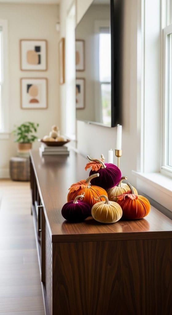 velvet pumpkins on tv console