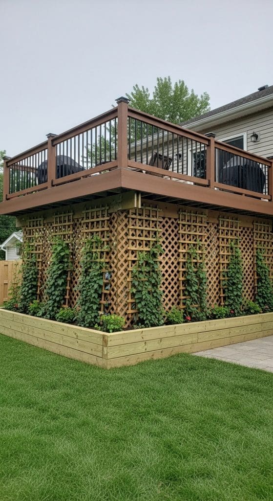 Trellis with climbing plants as deck skirting