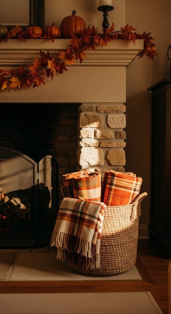wicker basket with orange plaid blankets in front of fireplace