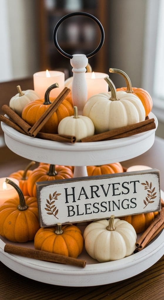 tiered white tray with white and orange mini pumpkins