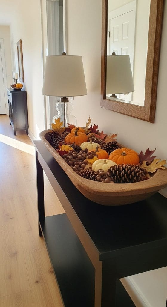 large dough bowl filled with mini pumpkins, pinecones and leaves on console table