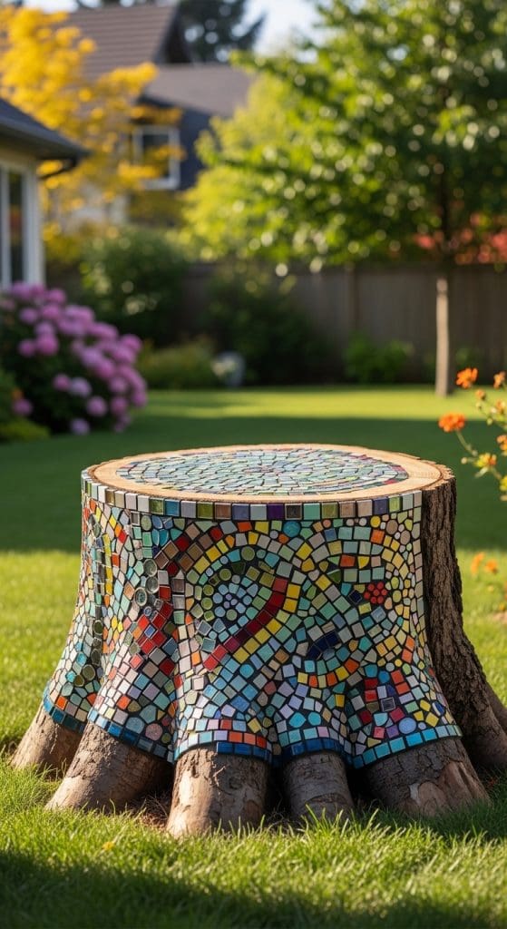 Mosaic tiles stuck to tree for a colourful pattern