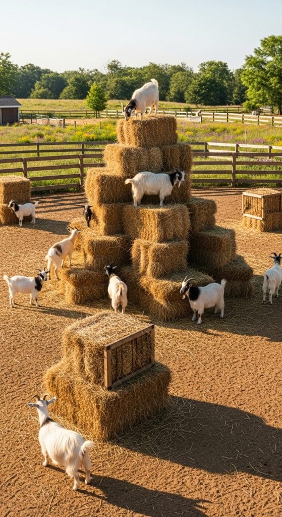 bales of hay stacked in goat pen