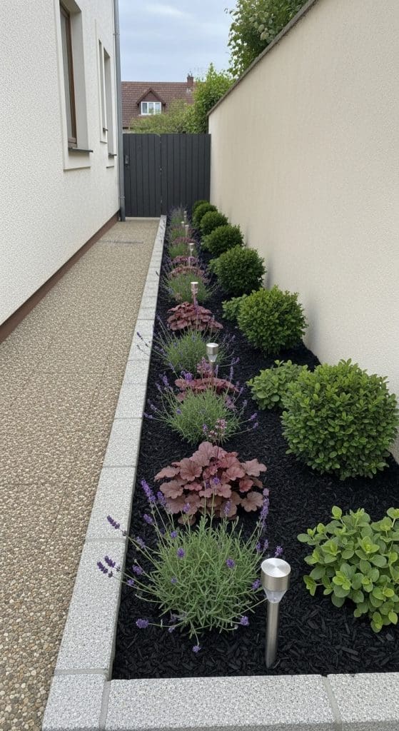 narrow garden bed with flowers and solar lights