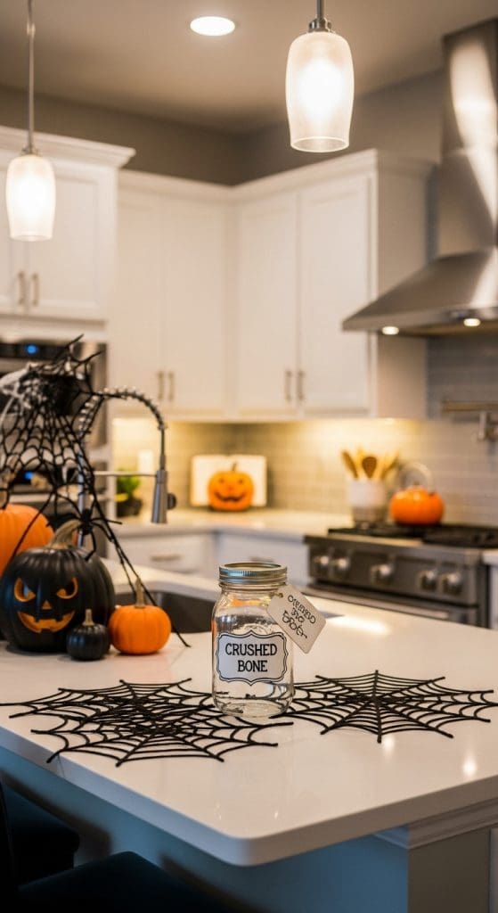 mason jar with a white label on it that says "CRUSHED BONE" spooky halloween kitchen decor