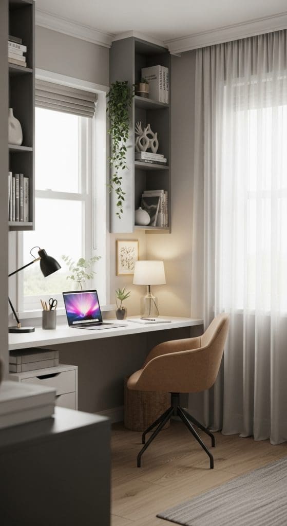 vertical storage above desk in small office