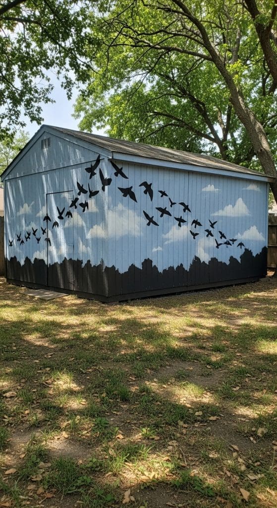 black flying birds painted on a blue shed outdoor shed mural