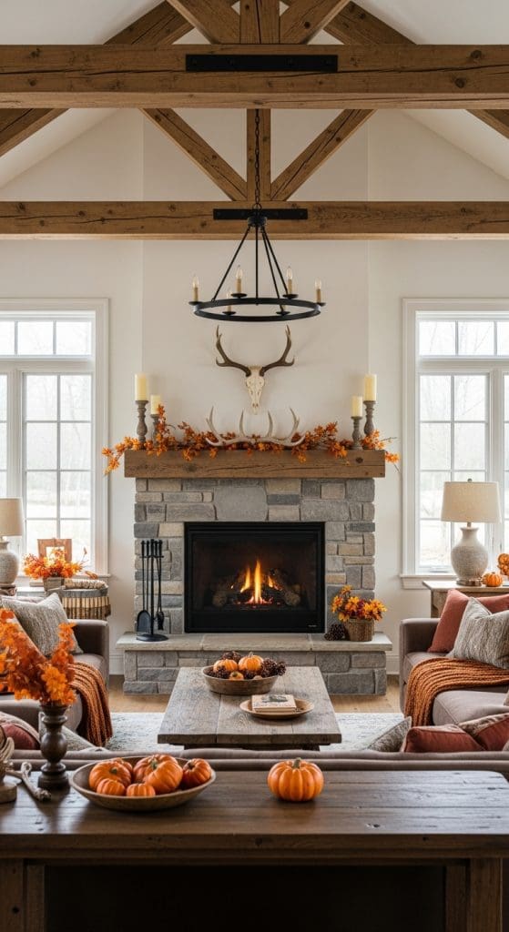 antlers on a fireplace fall living room