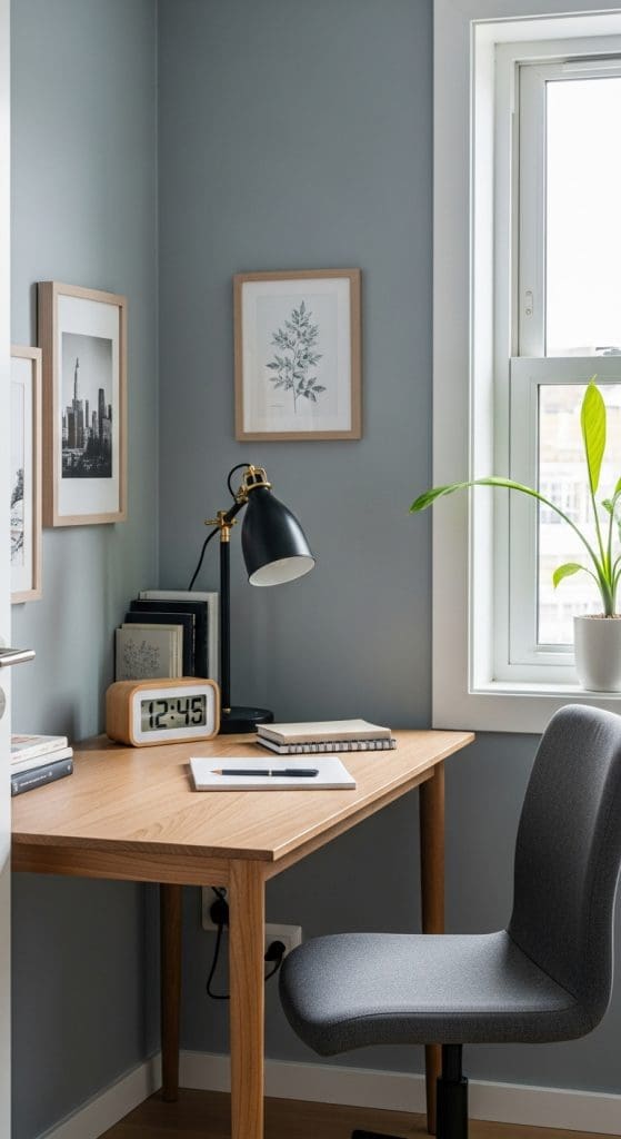 small wooden rustic style digital clock on home office desk