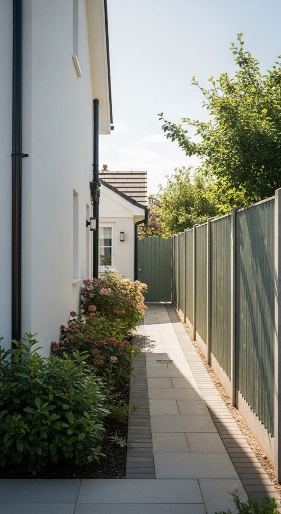 green fence on a side path of a home